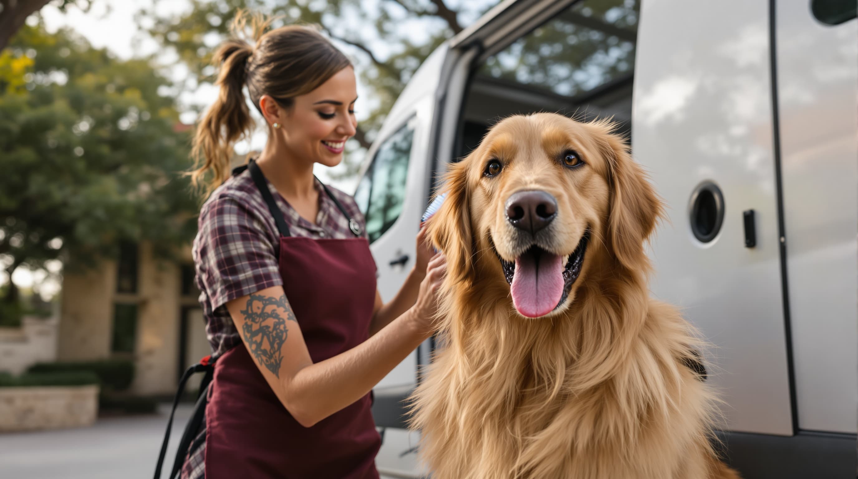 Mobile groomer working on dog in DFW driveway