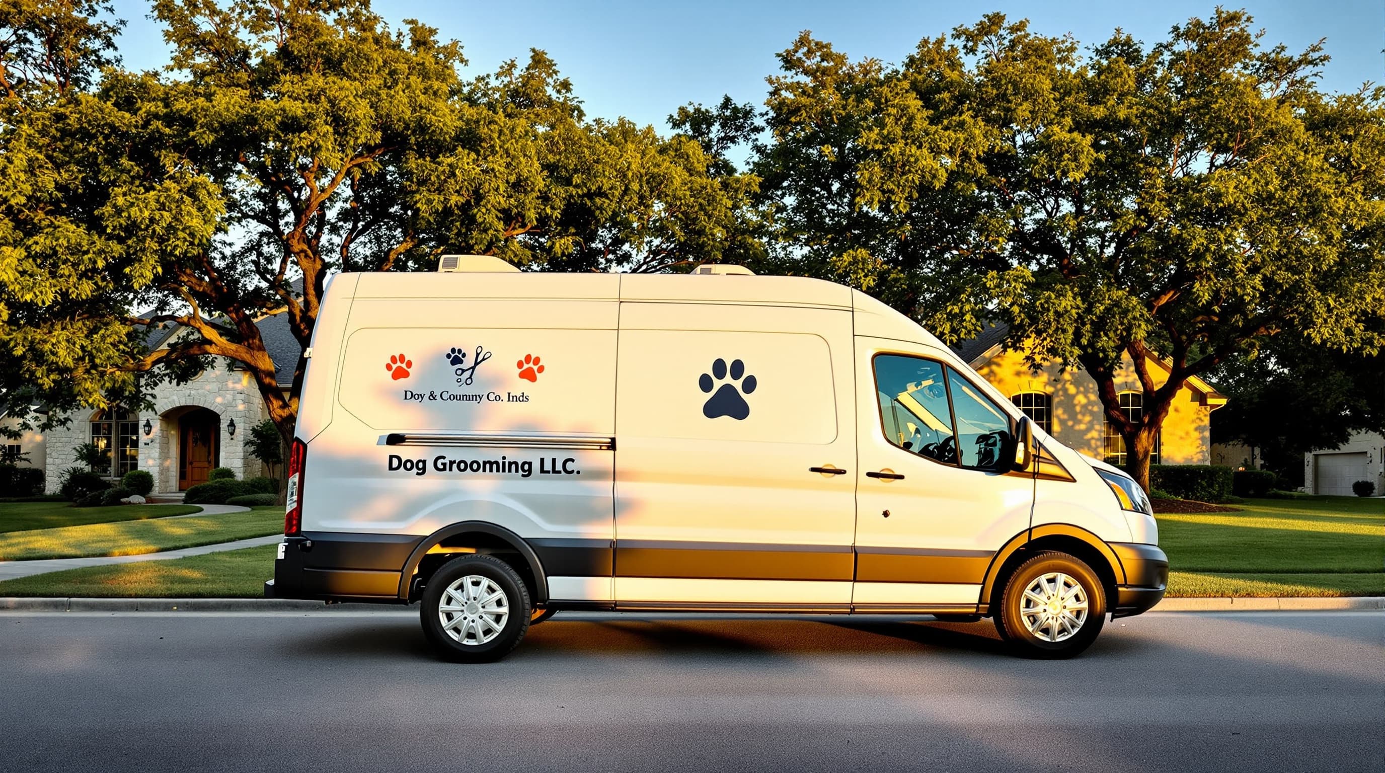 Mobile dog grooming van in DFW driveway